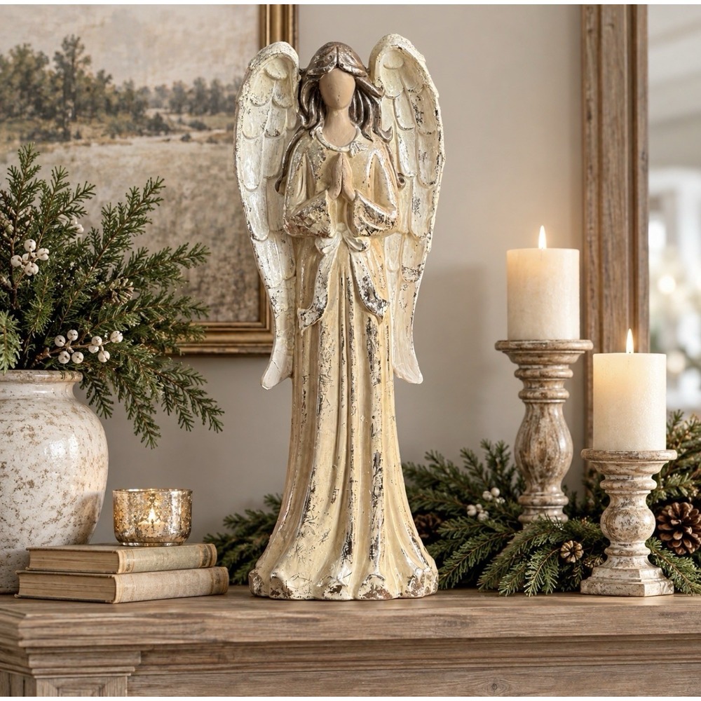Large 24" Shabby Chic Angel Figurine Christmas Nativity Rustic Cream Gold Silver